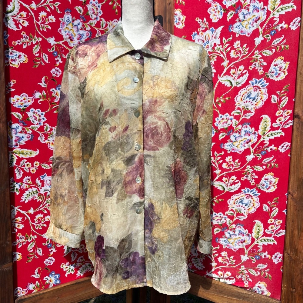 Vintage 90s Crinkle Chiffon Floral Ethereal Whimsigoth Oversize Button Up Blouse - Picture 12 of 15